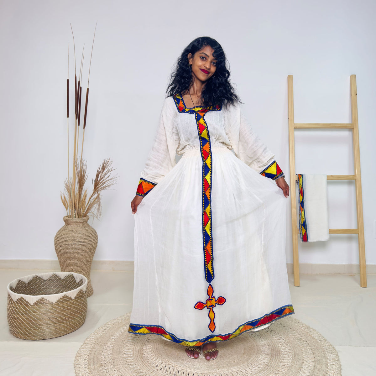 Traditional Ethiopian Habesha Dress | White Handwoven Cotton | Bold Cross & Geometric Tibeb in Red, Yellow & Blue Hab202