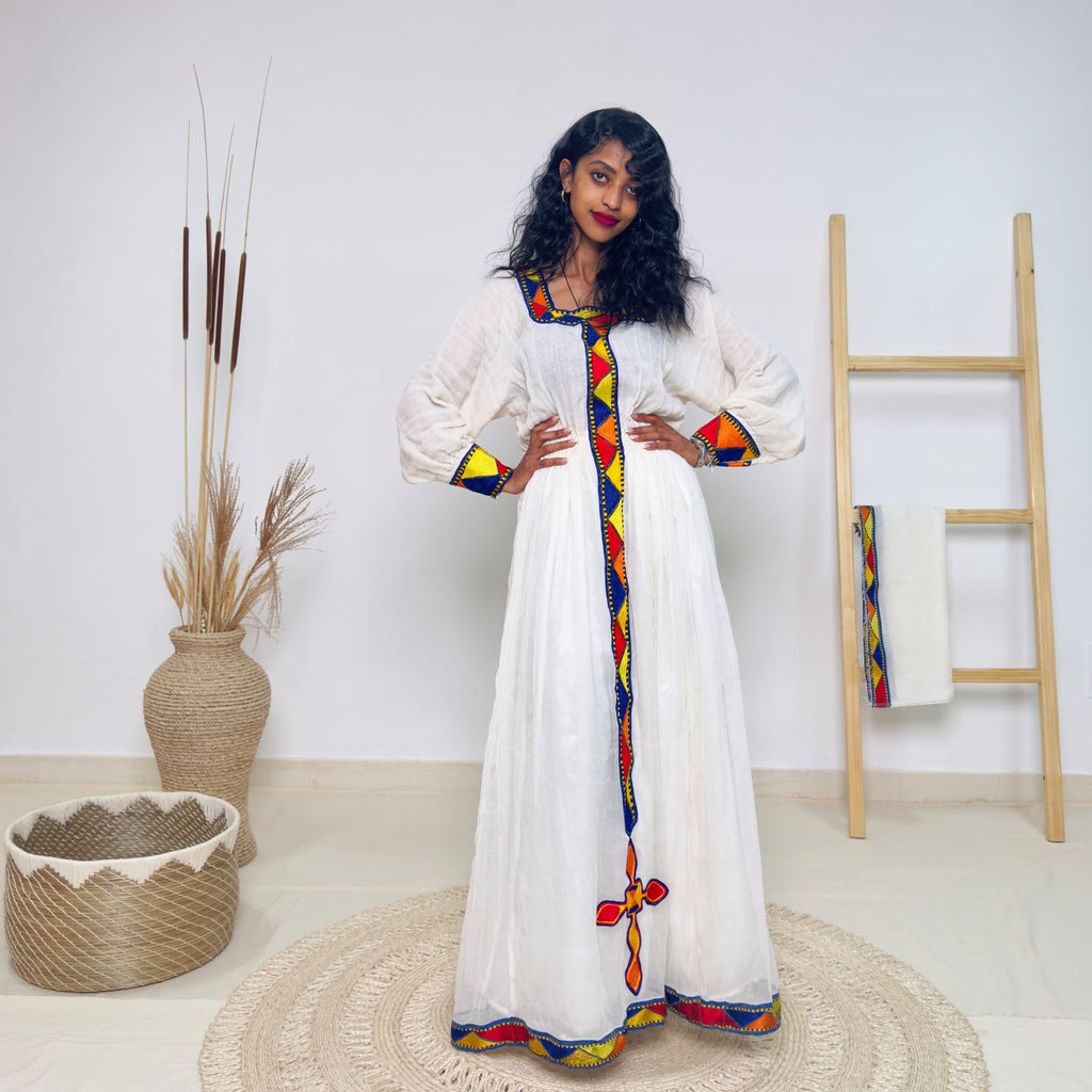Traditional Ethiopian Habesha Dress | White Handwoven Cotton | Bold Cross & Geometric Tibeb in Red, Yellow & Blue Hab202