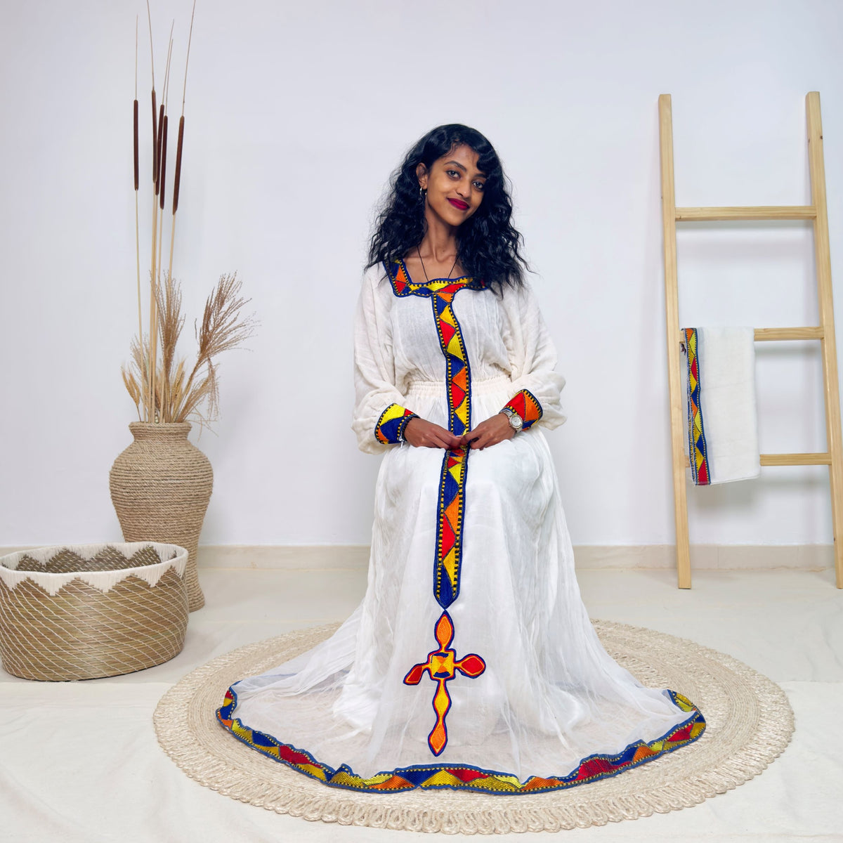 Traditional Ethiopian Habesha Dress | White Handwoven Cotton | Bold Cross & Geometric Tibeb in Red, Yellow & Blue Hab202
