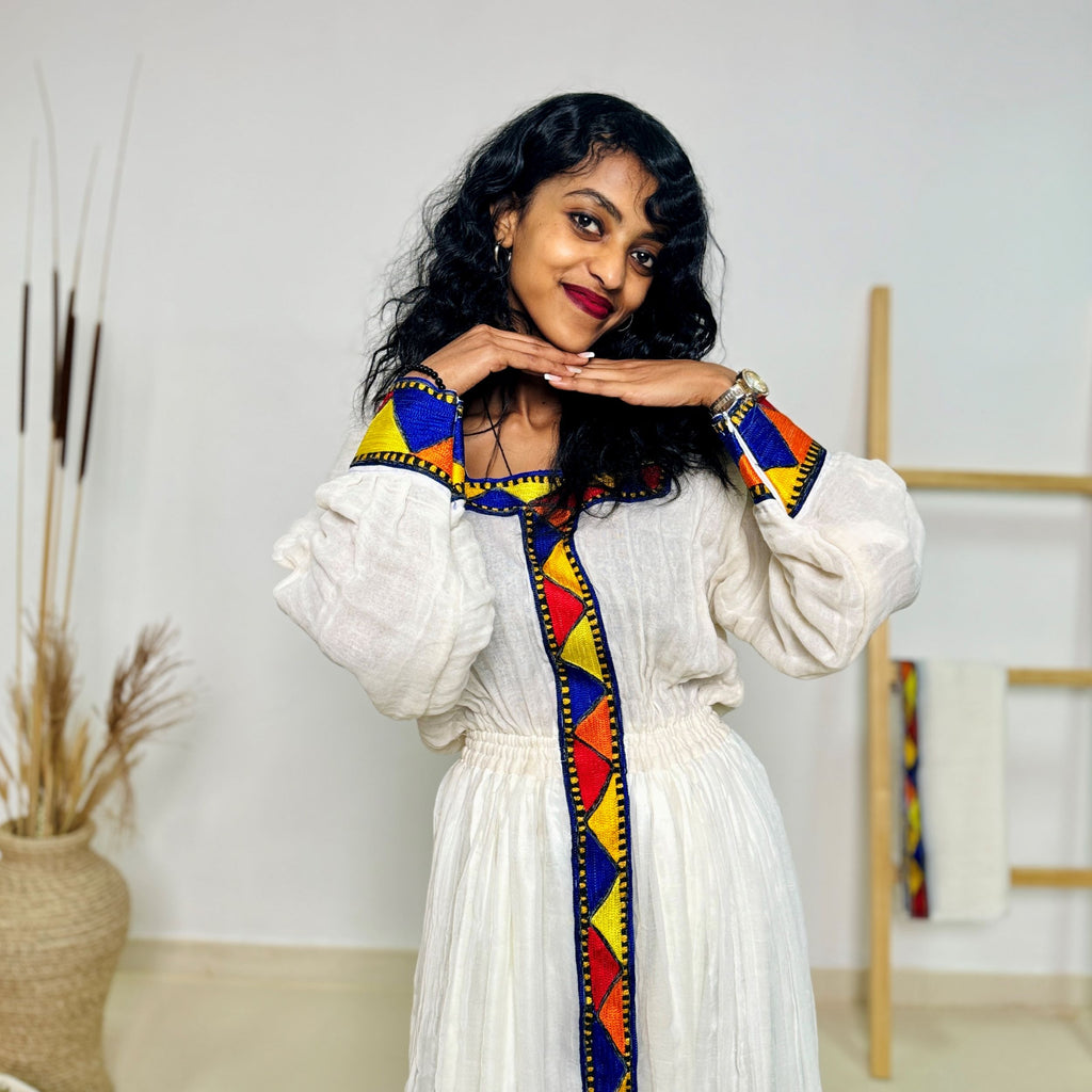 Traditional Ethiopian Habesha Dress | White Handwoven Cotton | Bold Cross & Geometric Tibeb in Red, Yellow & Blue Hab202