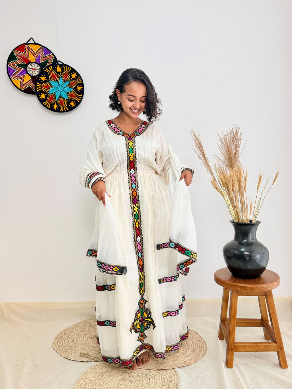 Habesha Dress | Colorful Diamond Embroidery on White Cotton | Traditional Ethiopian Kemis | Handmade Women’s Dress Hab159