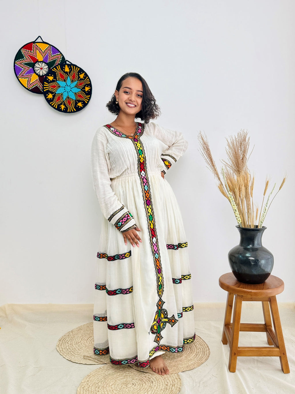 Habesha Dress | Colorful Diamond Embroidery on White Cotton | Traditional Ethiopian Kemis | Handmade Women’s Dress Hab159