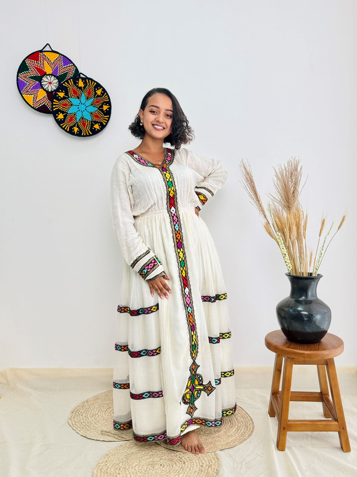 Habesha Dress | Colorful Diamond Embroidery on White Cotton | Traditional Ethiopian Kemis | Handmade Women’s Dress Hab159