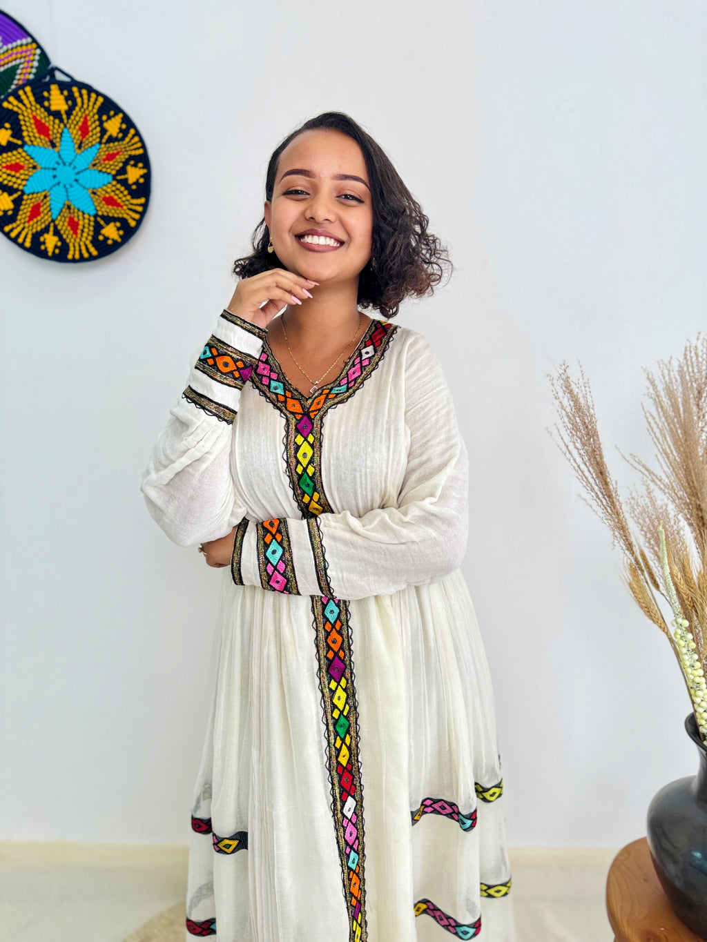 Habesha Dress | Colorful Diamond Embroidery on White Cotton | Traditional Ethiopian Kemis | Handmade Women’s Dress Hab159