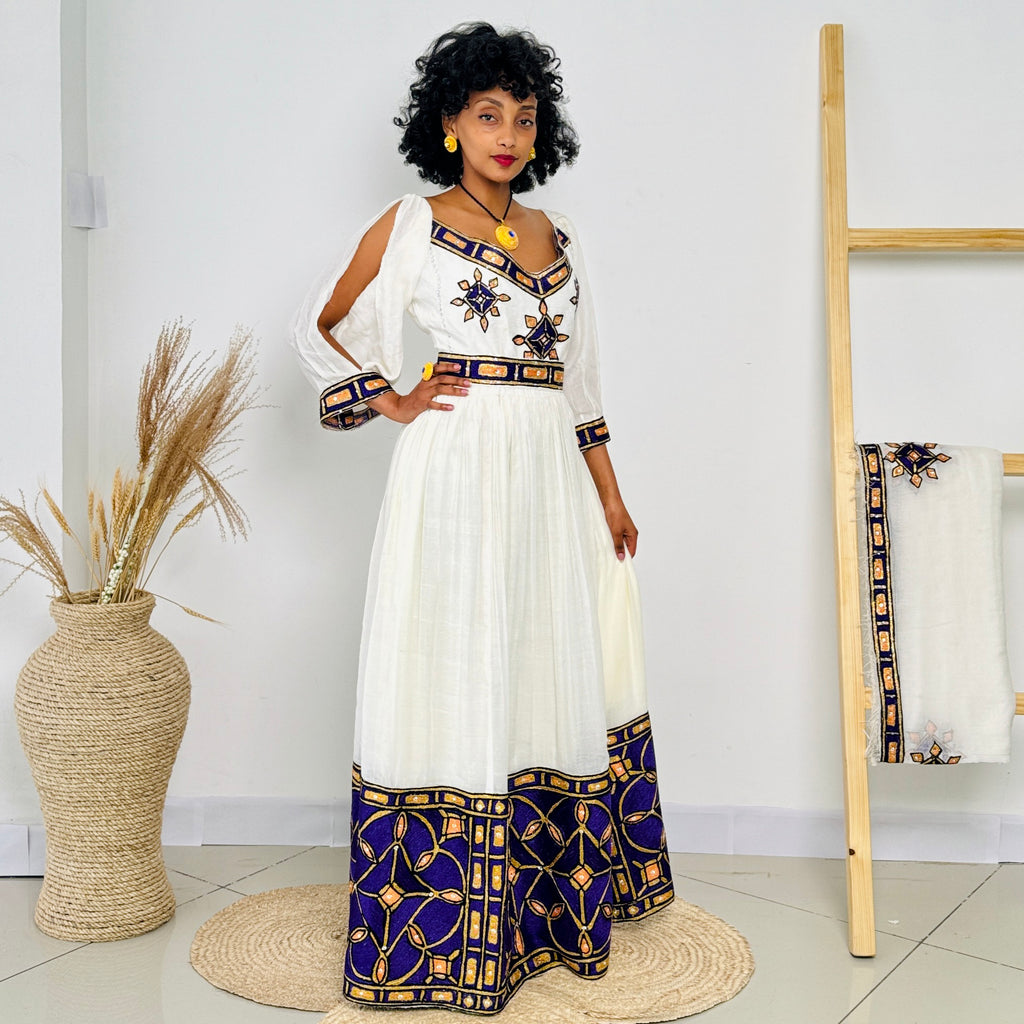 Habesha Dress | Elegant Blue Design | Special Occasions | Intricate Embroidery | Ethiopian Dress Hab96
