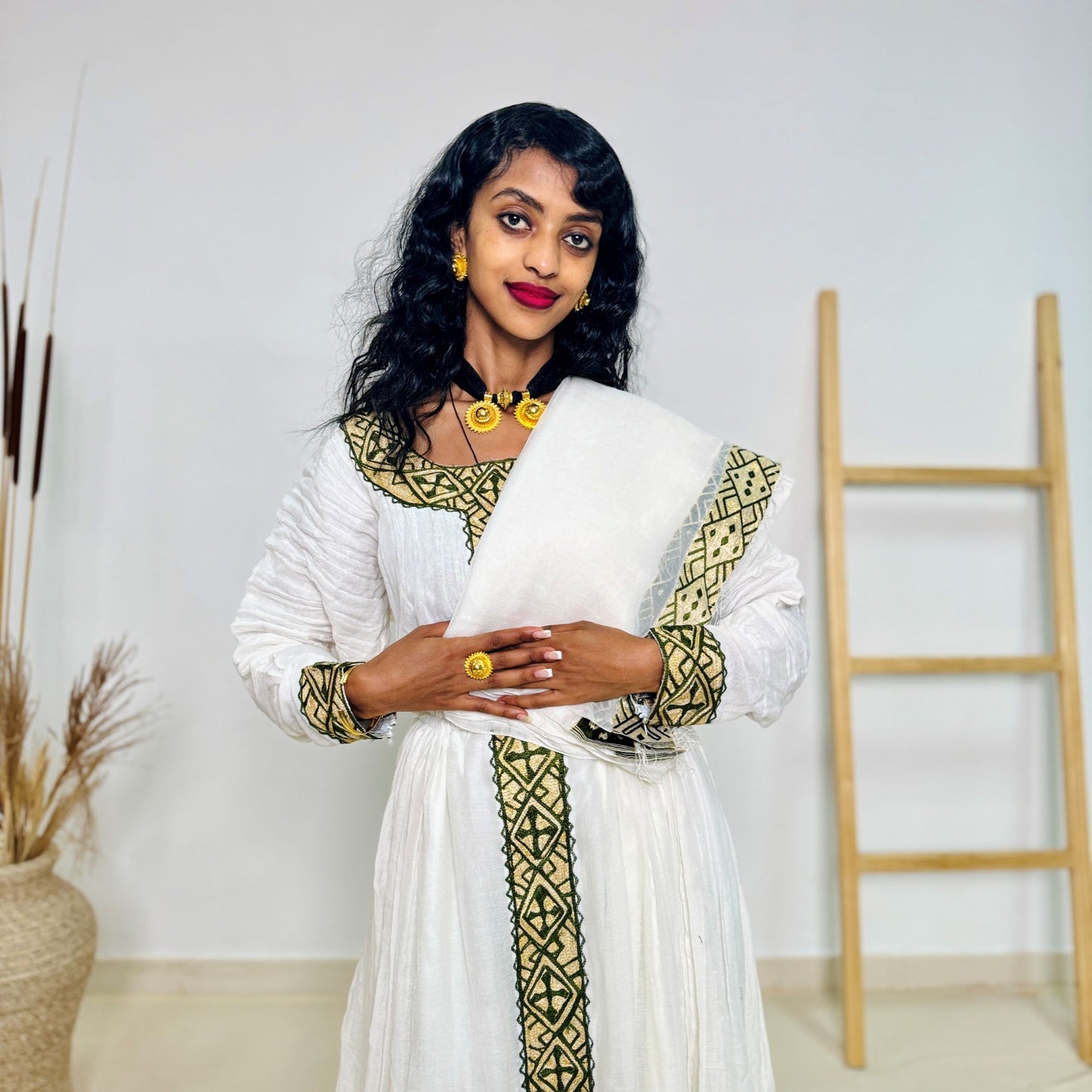 Traditional Ethiopian Habesha Dress | Handwoven White Cotton with Gold & Olive Green Tibeb Embroidery | Long Sleeve Elegant Fit Hab217