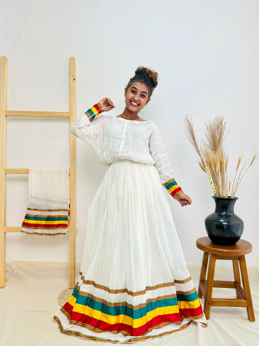 Habesha Dress | Ethiopian Flag-Inspired Design | Cultural Celebrations | Intricate Embroidery|  Ethiopian Dress Hab95