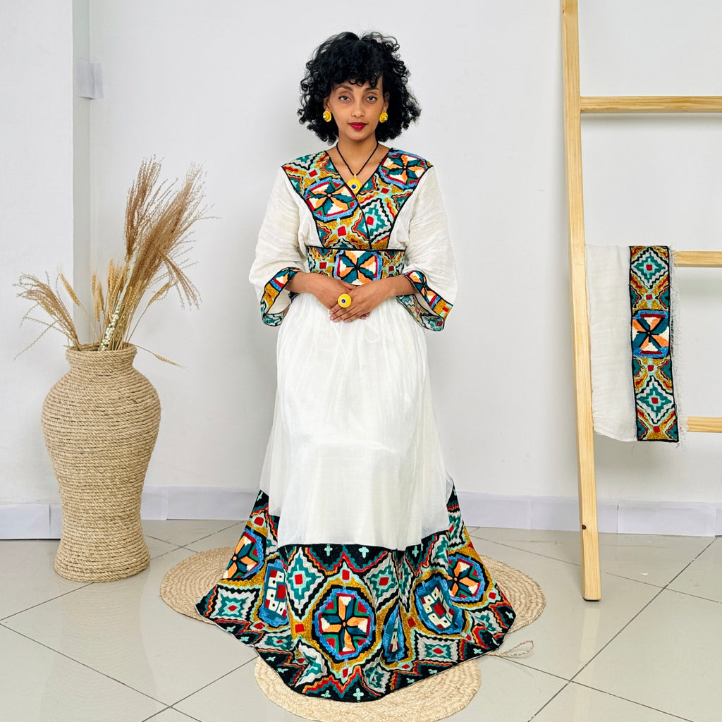 Ethiopian Dress | Multicolor Design | Cultural Elegance | Intricate Embroidery | Habesha Dress Hab93