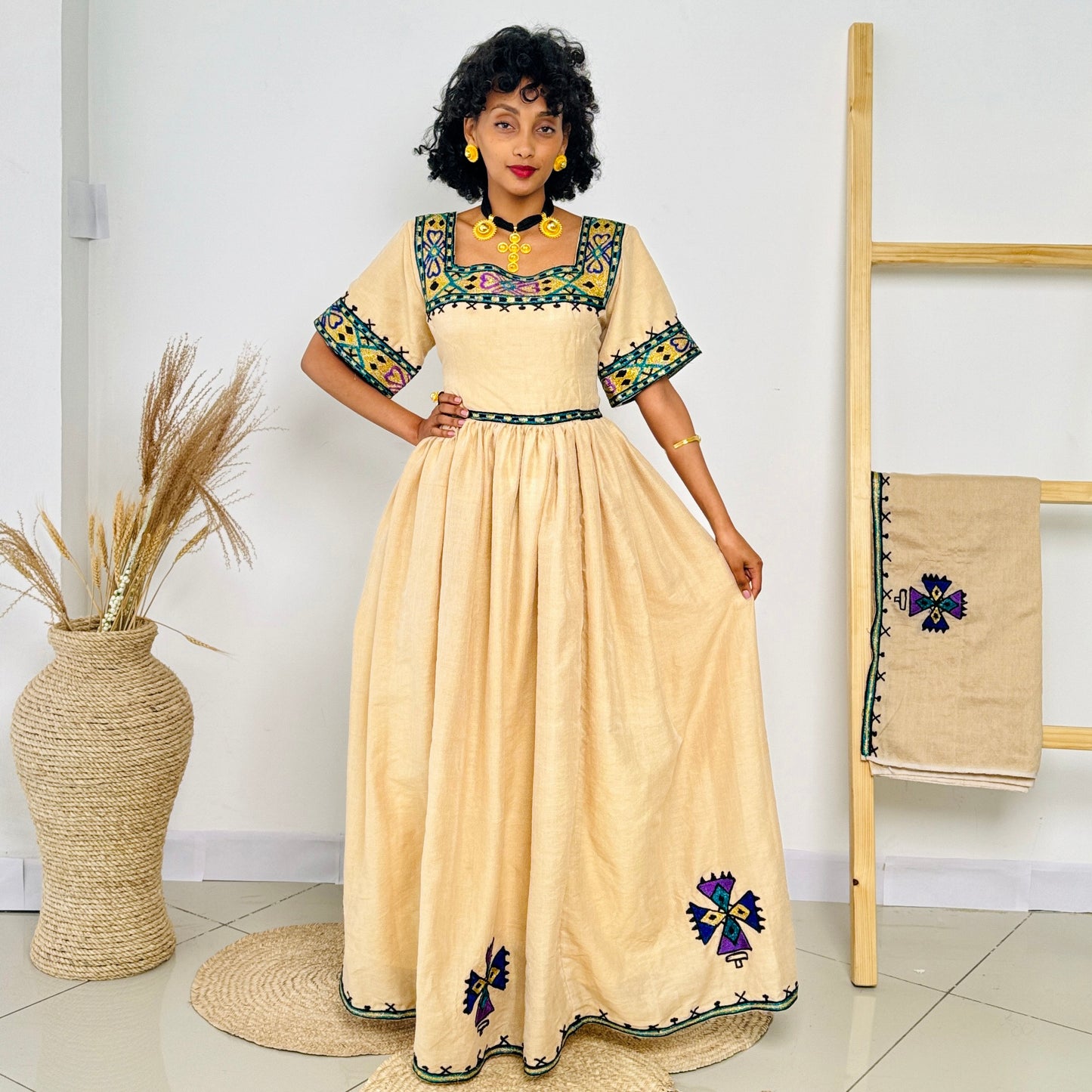 Habesha Dress | Unique Green Design | Cultural & Special Occasions | Handcrafted Ethiopian Dress Hab102