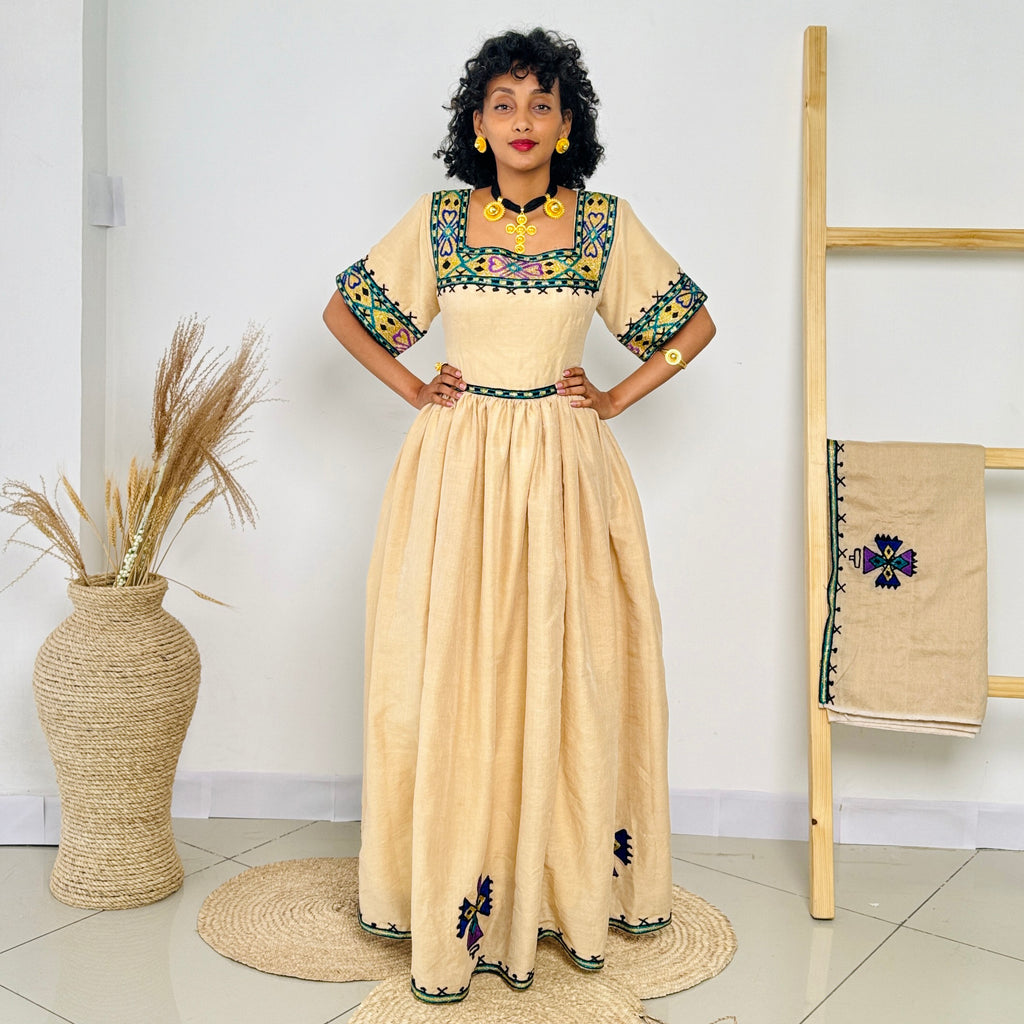 Habesha Dress | Unique Green Design | Cultural & Special Occasions | Handcrafted Ethiopian Dress Hab102