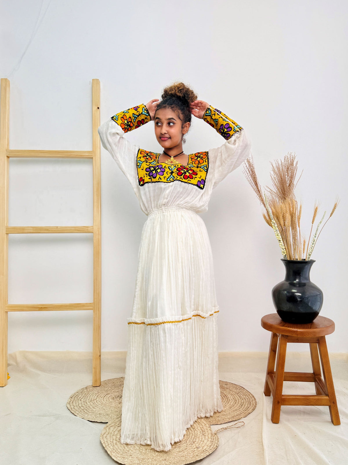 Elegant Handwoven Habesha Kemis Dress for Women | Traditional Ethiopian Cultural Outfit | Bold Floral Embroidery & Square Neckline Hab224
