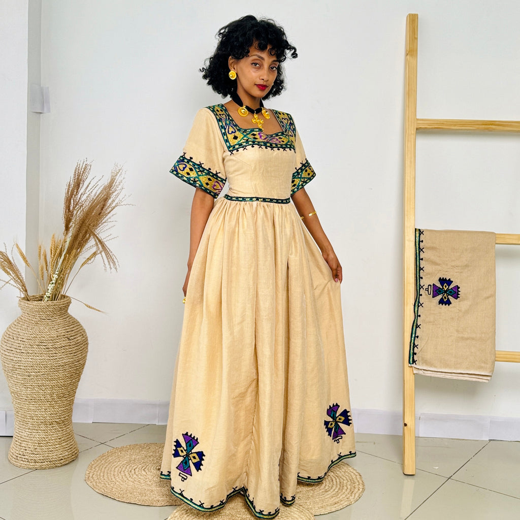 Habesha Dress | Unique Green Design | Cultural & Special Occasions | Handcrafted Ethiopian Dress Hab102