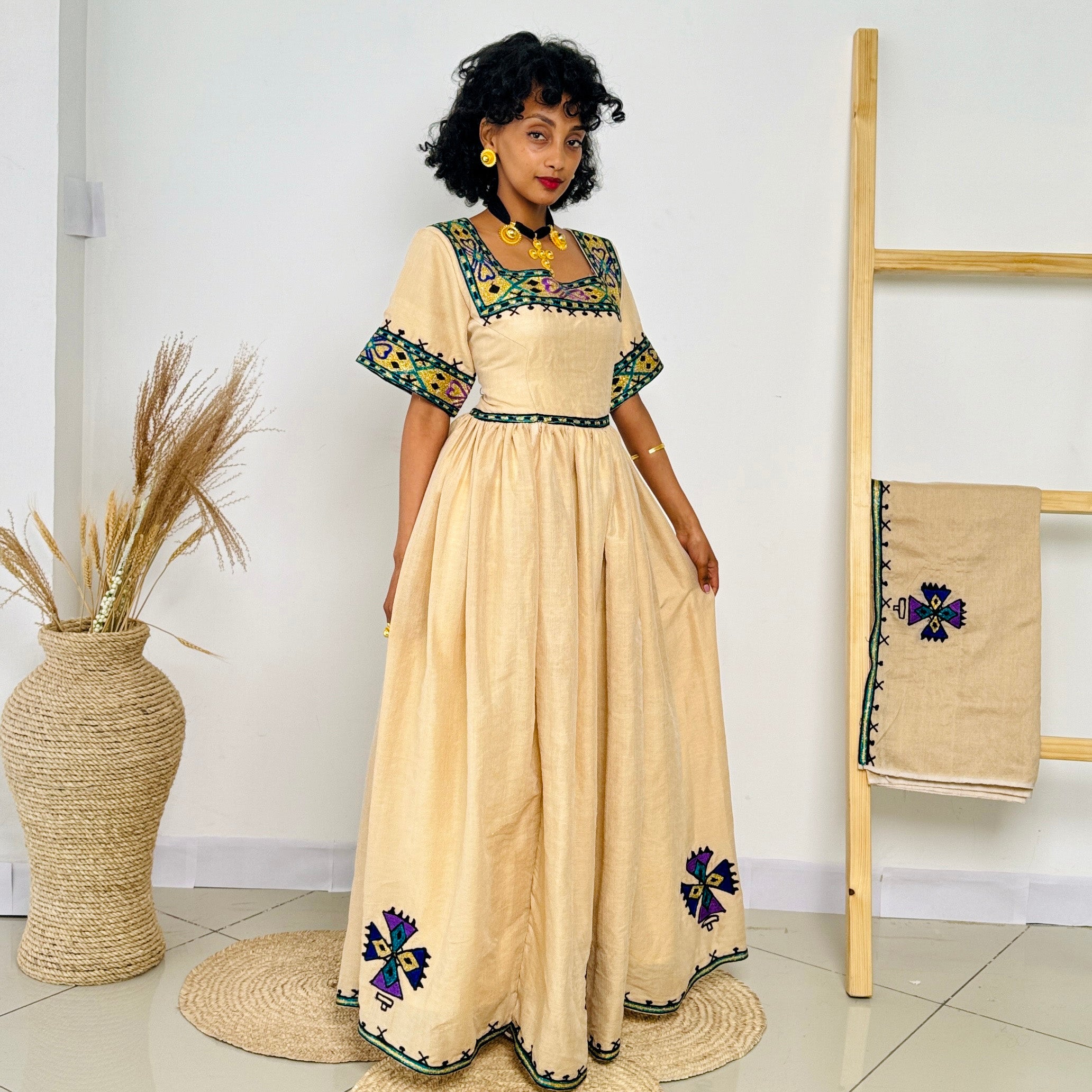 Habesha Dress | Unique Green Design | Cultural & Special Occasions | Handcrafted Ethiopian Dress Hab102