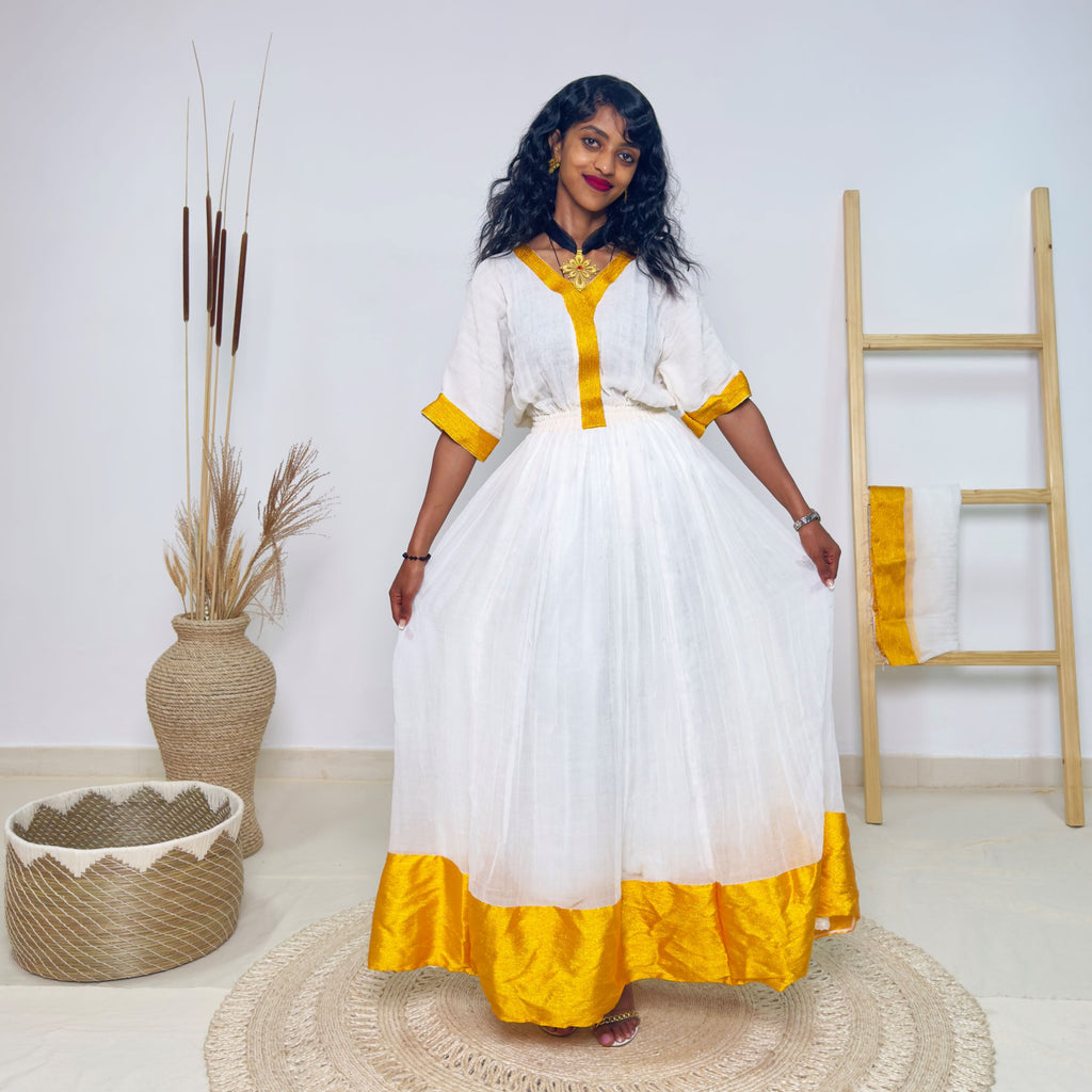 White & Golden Yellow Traditional Ethiopian Dress | Elegant Minimal Habesha Kemis | Easter & Cultural Celebrations Hab182