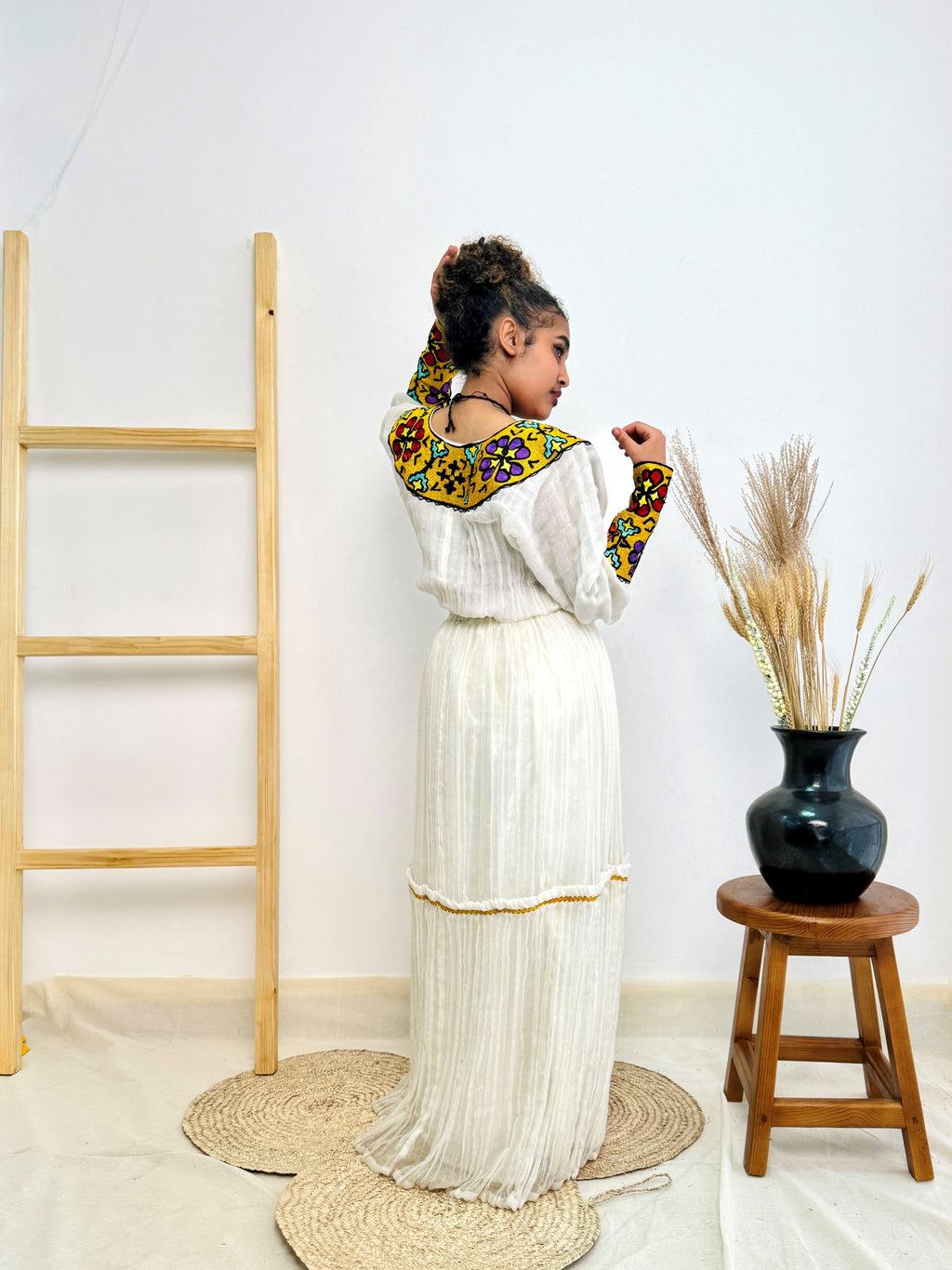 Elegant Handwoven Habesha Kemis Dress for Women | Traditional Ethiopian Cultural Outfit | Bold Floral Embroidery & Square Neckline Hab224