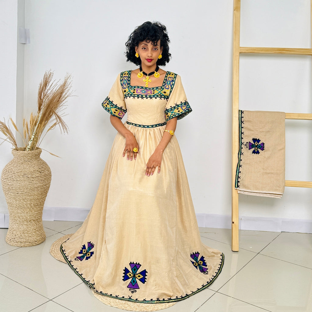 Habesha Dress | Unique Green Design | Cultural & Special Occasions | Handcrafted Ethiopian Dress Hab102