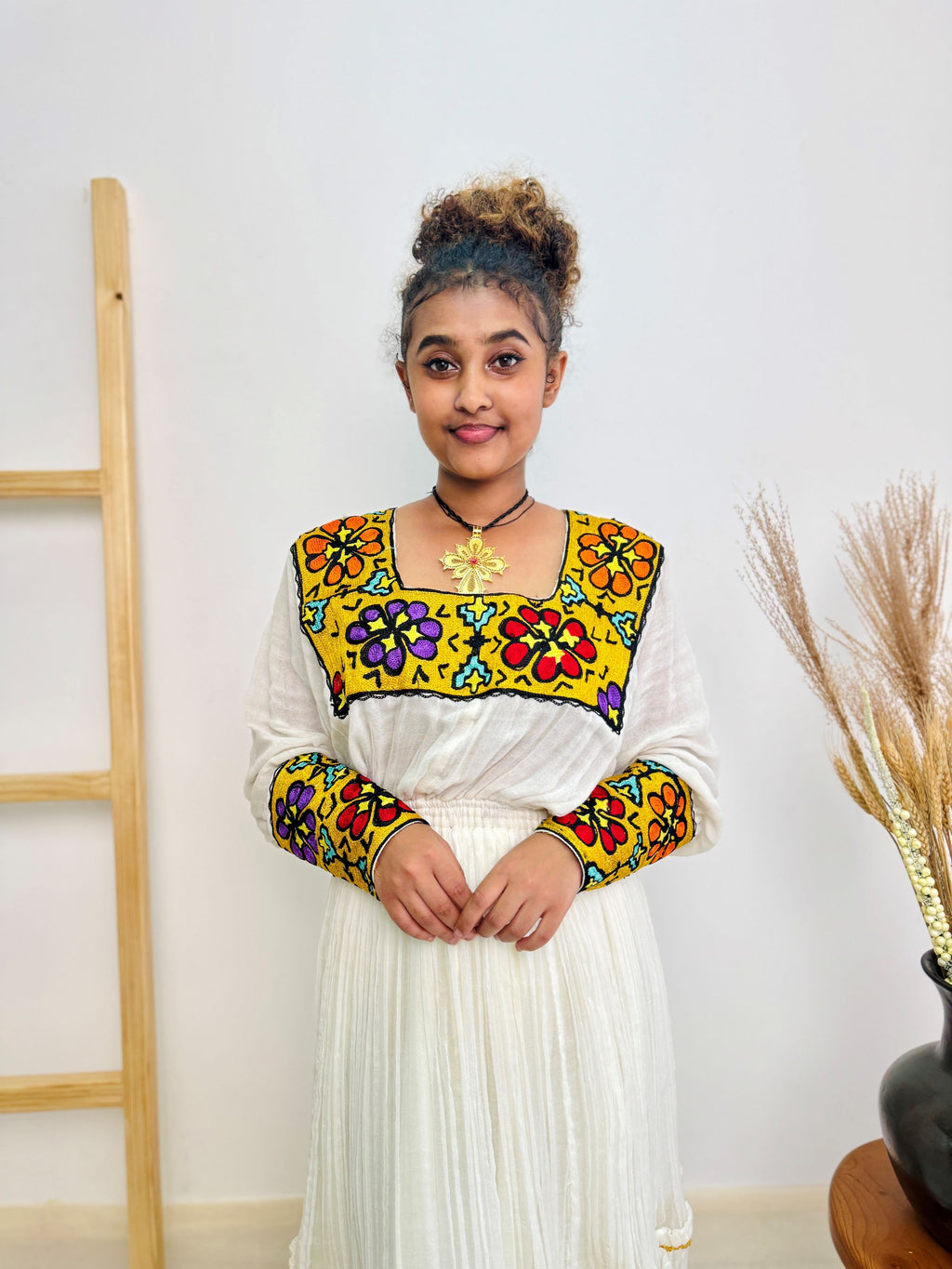Elegant Handwoven Habesha Kemis Dress for Women | Traditional Ethiopian Cultural Outfit | Bold Floral Embroidery & Square Neckline Hab224