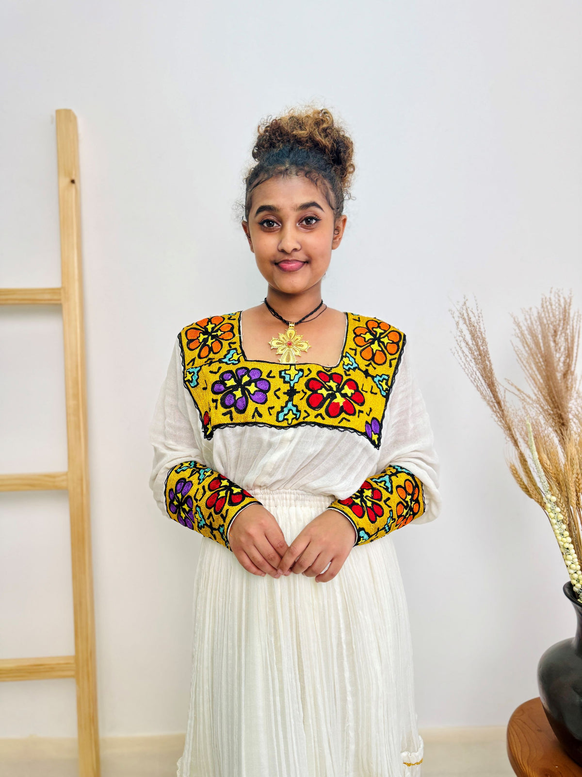 Elegant Handwoven Habesha Kemis Dress for Women | Traditional Ethiopian Cultural Outfit | Bold Floral Embroidery & Square Neckline Hab224