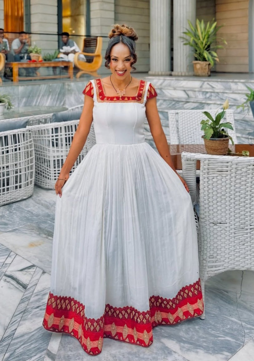 HABESHA KEMIS WITH GOLDEN & RED EMBROIDERY | TRADITIONAL ETHIOPIAN DRESS | HABESHA DRESS STYLE