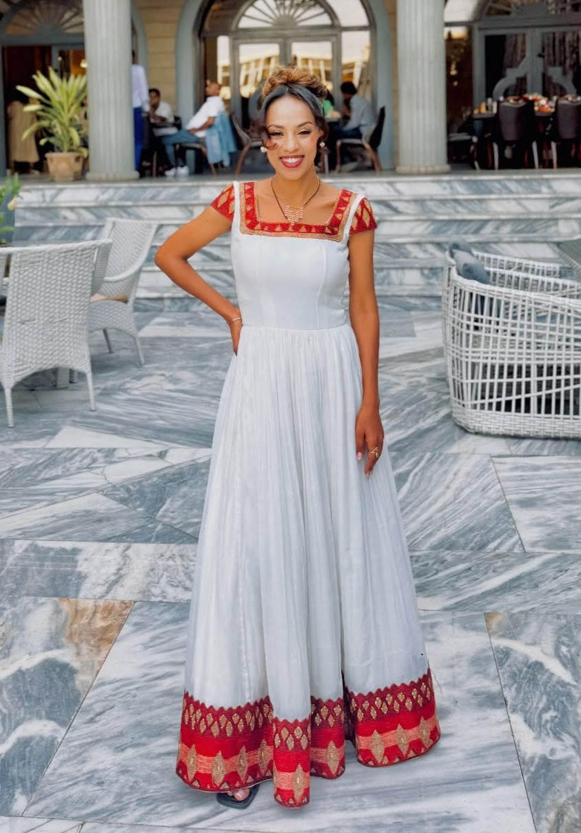 YALEM WHITE HABESHA KEMIS WITH GOLDEN & RED EMBROIDERY | TRADITIONAL ETHIOPIAN DRESS | HABESHA DRESS STYLE