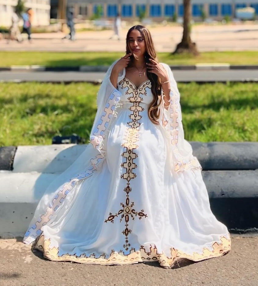WHITE HABESHA KEMIS WITH GOLDEN EMBROIDERY TRADITIONAL ETHIOPIAN DRESS AND ERITREAN STYLE