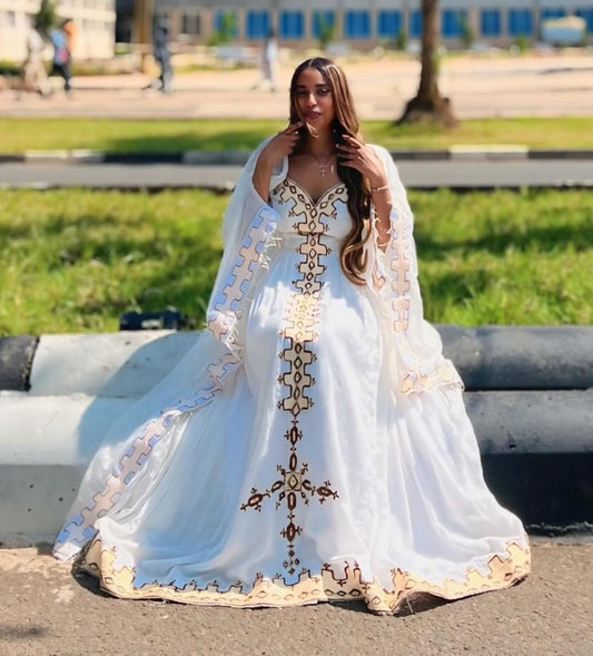 WHITE HABESHA KEMIS WITH GOLDEN EMBROIDERY TRADITIONAL ETHIOPIAN DRESS AND ERITREAN STYLE