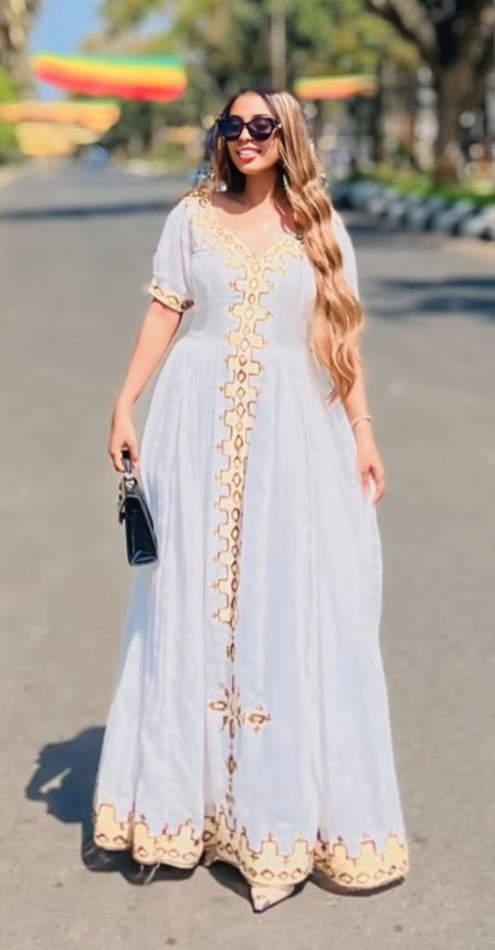 EFRU WHITE HABESHA KEMIS WITH GOLDEN EMBROIDERY | TRADITIONAL ETHIOPIAN DRESS | BEAUTIFUL HABESHA DRESS