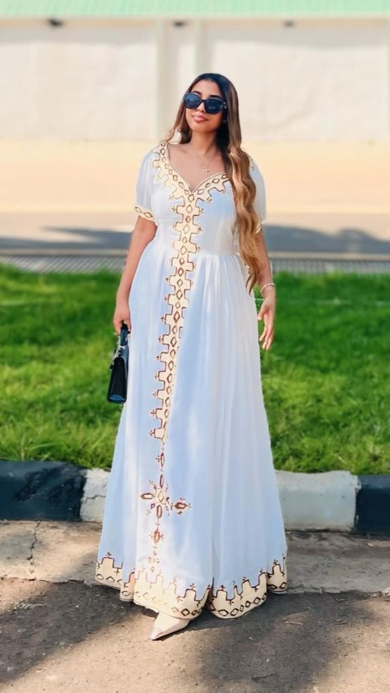 EFRU WHITE HABESHA KEMIS WITH GOLDEN EMBROIDERY | TRADITIONAL ETHIOPIAN DRESS | BEAUTIFUL HABESHA DRESS