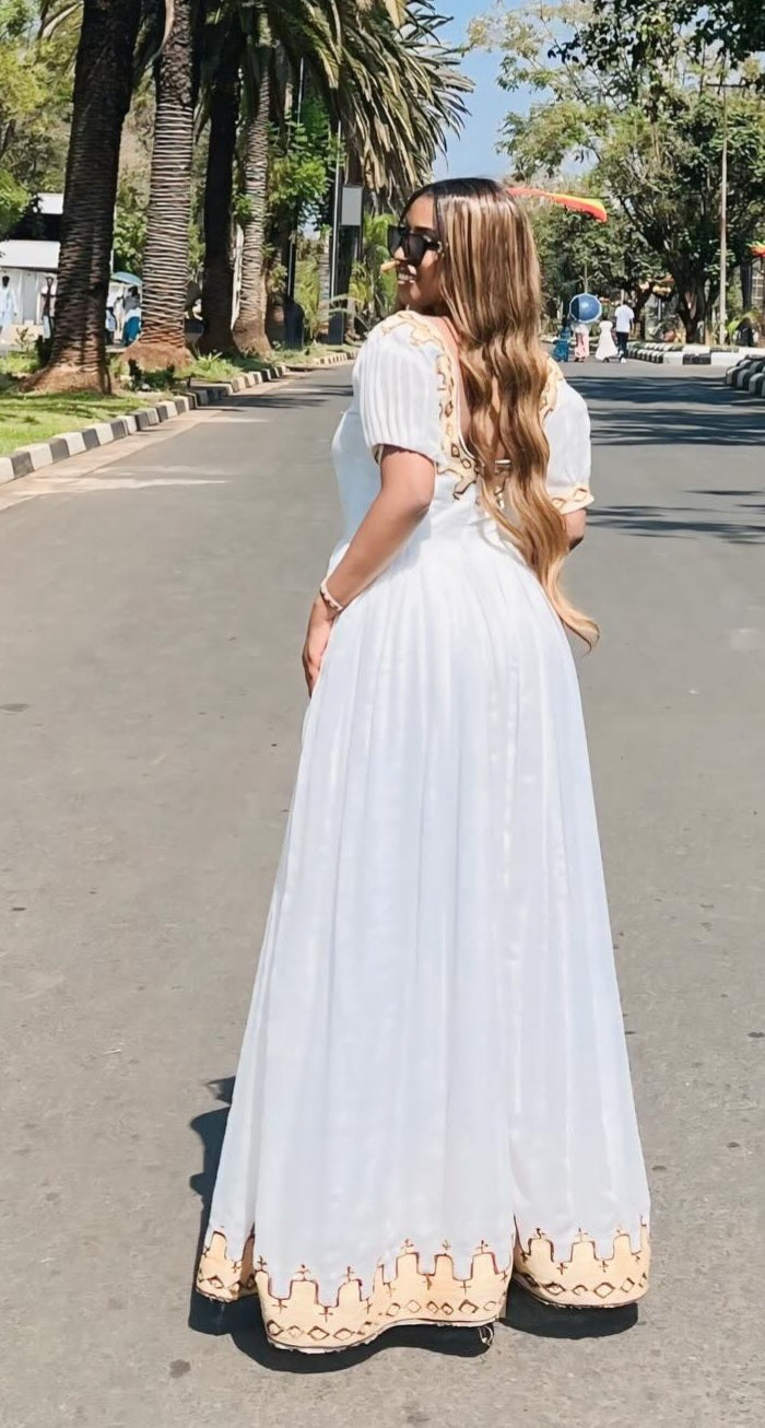 EFRU WHITE HABESHA KEMIS WITH GOLDEN EMBROIDERY | TRADITIONAL ETHIOPIAN DRESS | BEAUTIFUL HABESHA DRESS