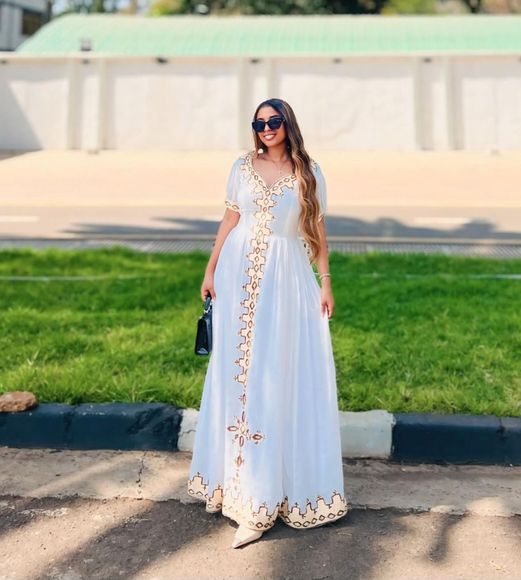 EFRU WHITE HABESHA KEMIS WITH GOLDEN EMBROIDERY | TRADITIONAL ETHIOPIAN DRESS | BEAUTIFUL HABESHA DRESS