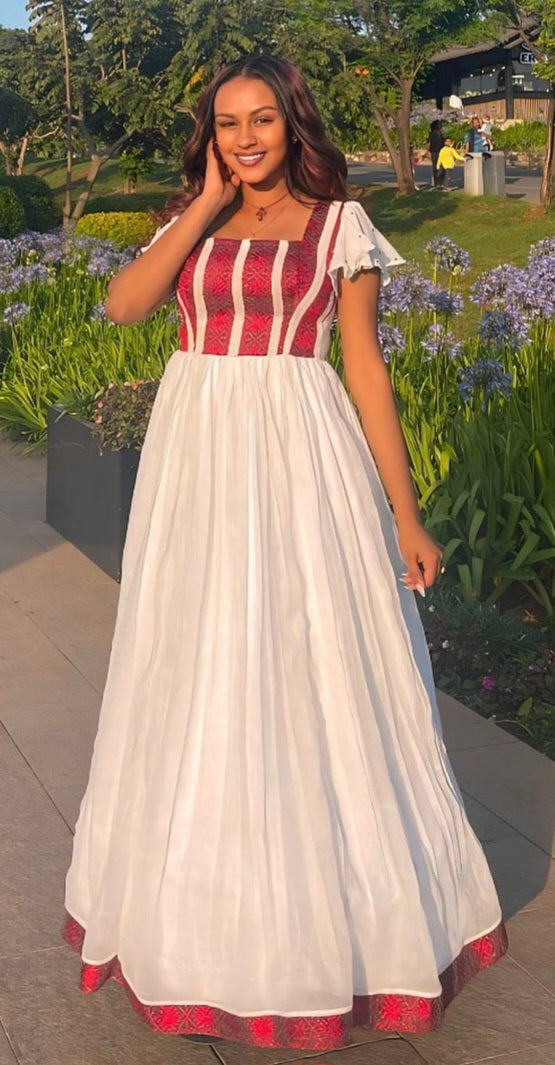 WHITE HABESHA KEMIS | TRADITIONAL ETHIOPIAN DRESS | AUTHENTIC HABESHA DRESS WITH RED DETAIL