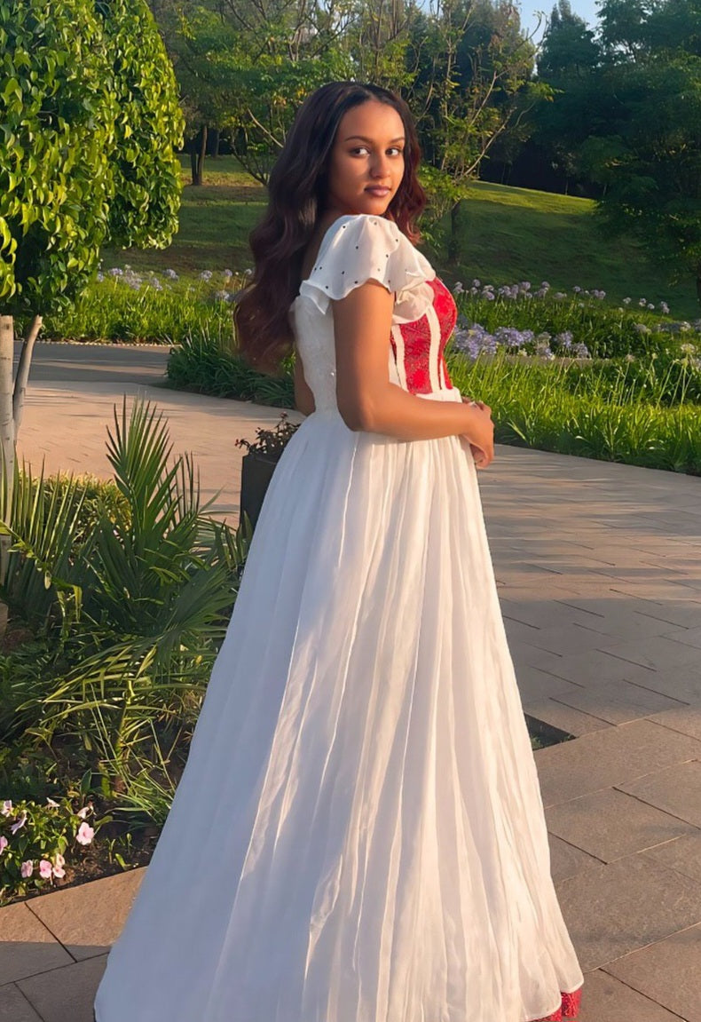 LIYUEMEBET WHITE HABESHA KEMIS | TRADITIONAL ETHIOPIAN DRESS | AUTHENTIC HABESHA DRESS WITH RED DETAIL