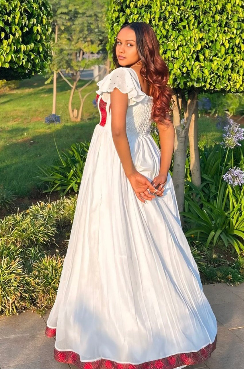 LIYUEMEBET WHITE HABESHA KEMIS | TRADITIONAL ETHIOPIAN DRESS | AUTHENTIC HABESHA DRESS WITH RED DETAIL