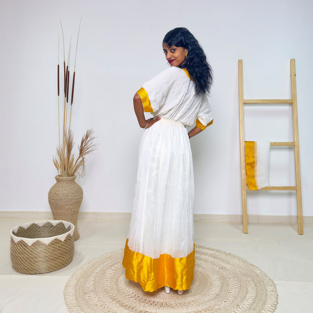 White & Golden Yellow Traditional Ethiopian Dress | Elegant Minimal Habesha Kemis | Easter & Cultural Celebrations Hab182