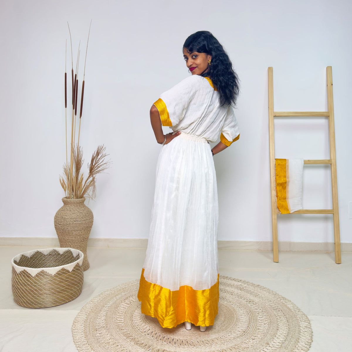 White & Golden Yellow Traditional Ethiopian Dress | Elegant Minimal Habesha Kemis | Easter & Cultural Celebrations Hab182