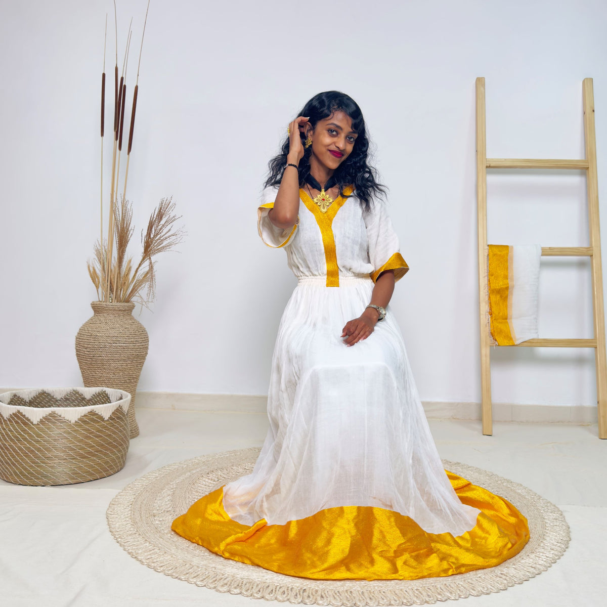 White & Golden Yellow Traditional Ethiopian Dress | Elegant Minimal Habesha Kemis | Easter & Cultural Celebrations Hab182