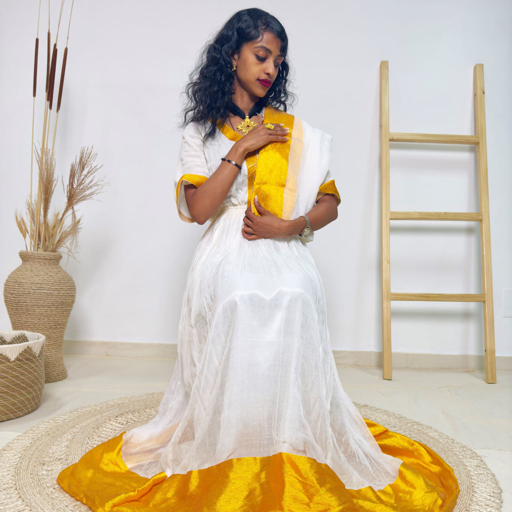 White & Golden Yellow Traditional Ethiopian Dress | Elegant Minimal Habesha Kemis | Easter & Cultural Celebrations Hab182
