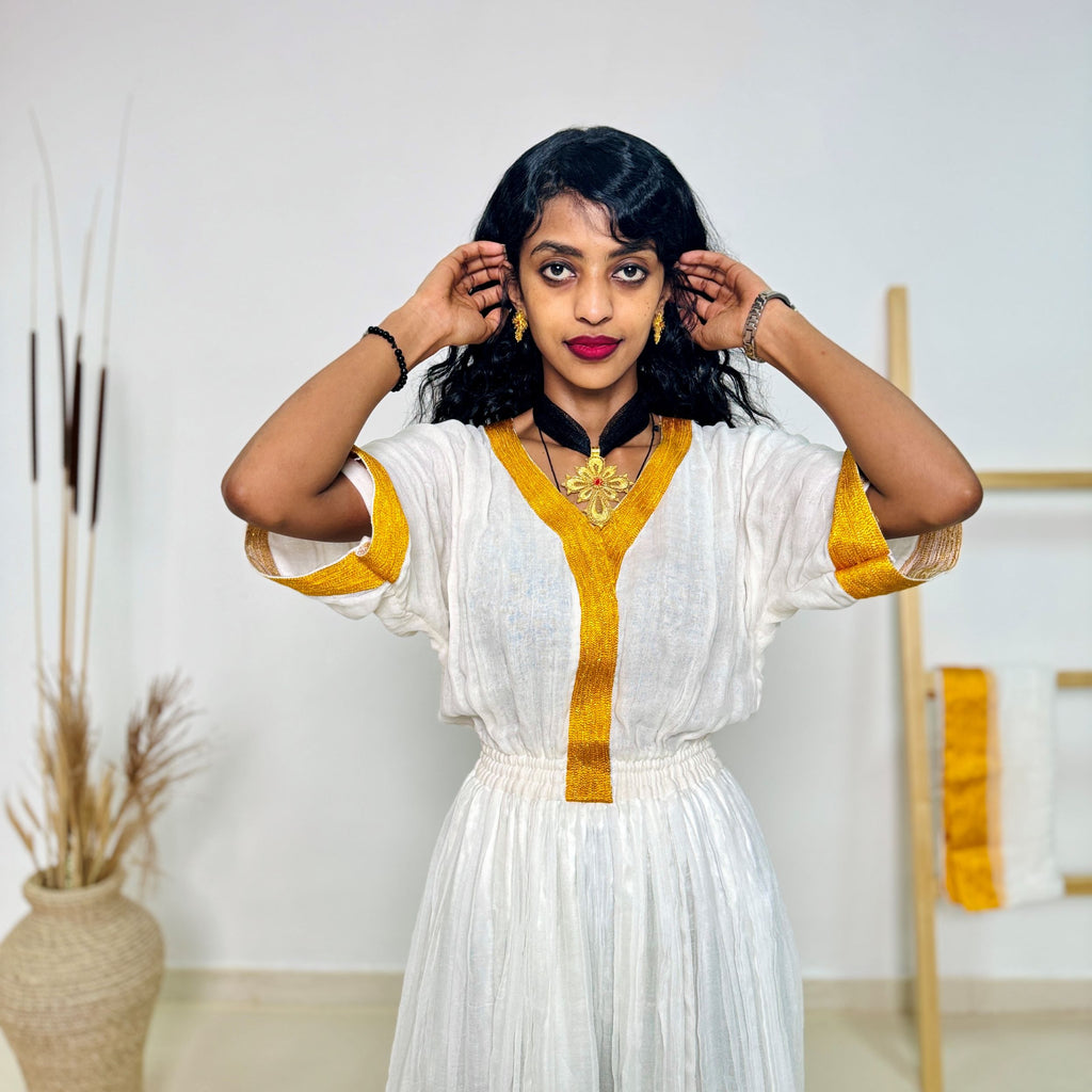 White & Golden Yellow Traditional Ethiopian Dress | Elegant Minimal Habesha Kemis | Easter & Cultural Celebrations Hab182