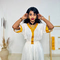 White & Golden Yellow Traditional Ethiopian Dress | Elegant Minimal Habesha Kemis | Easter & Cultural Celebrations Hab182