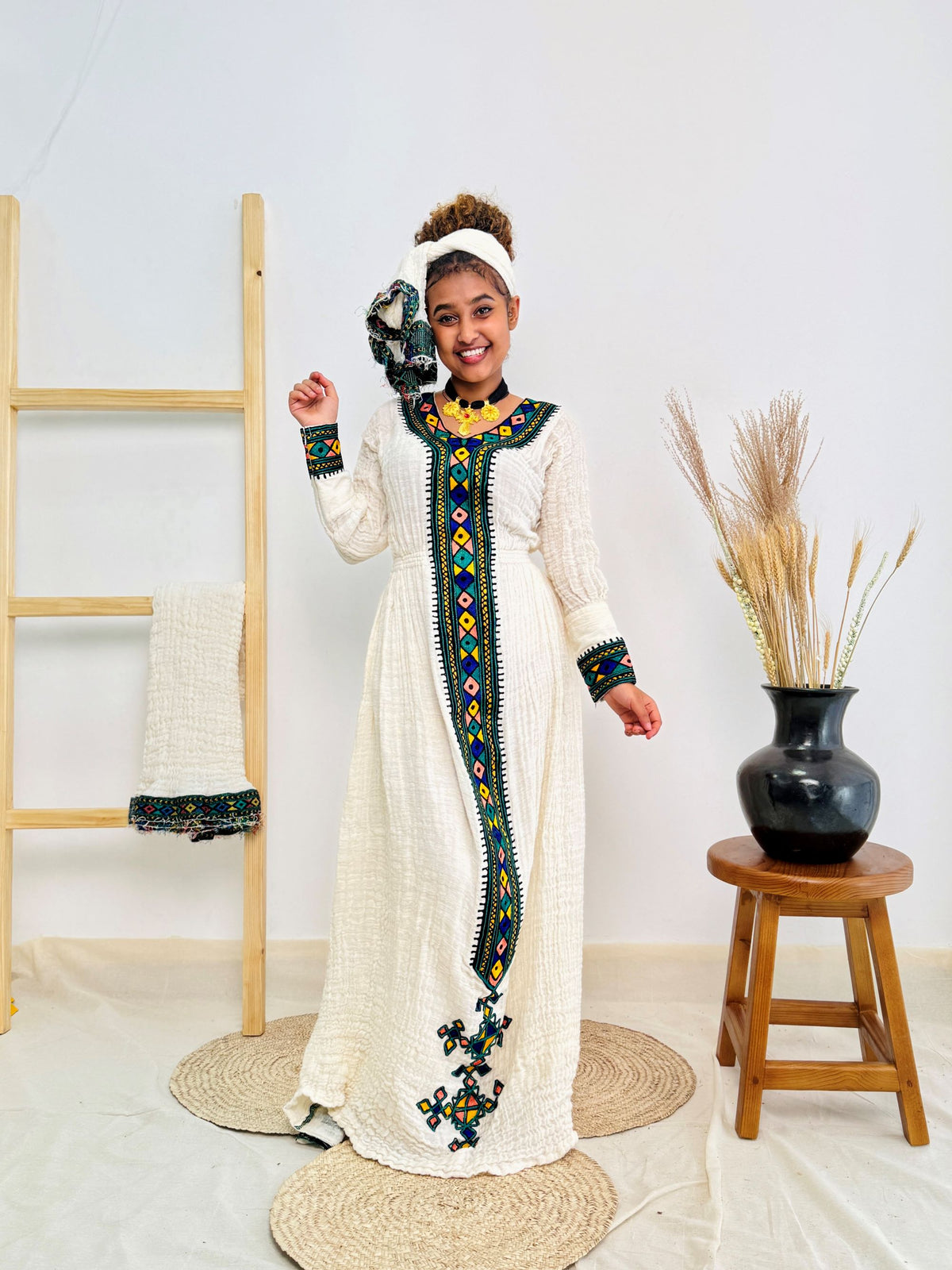 Ethiopian Habesha Kemis | Handwoven Cotton | Diamond Tibeb Embroidery | Traditional White Dress for Cultural Celebrations & Weddings Hab169