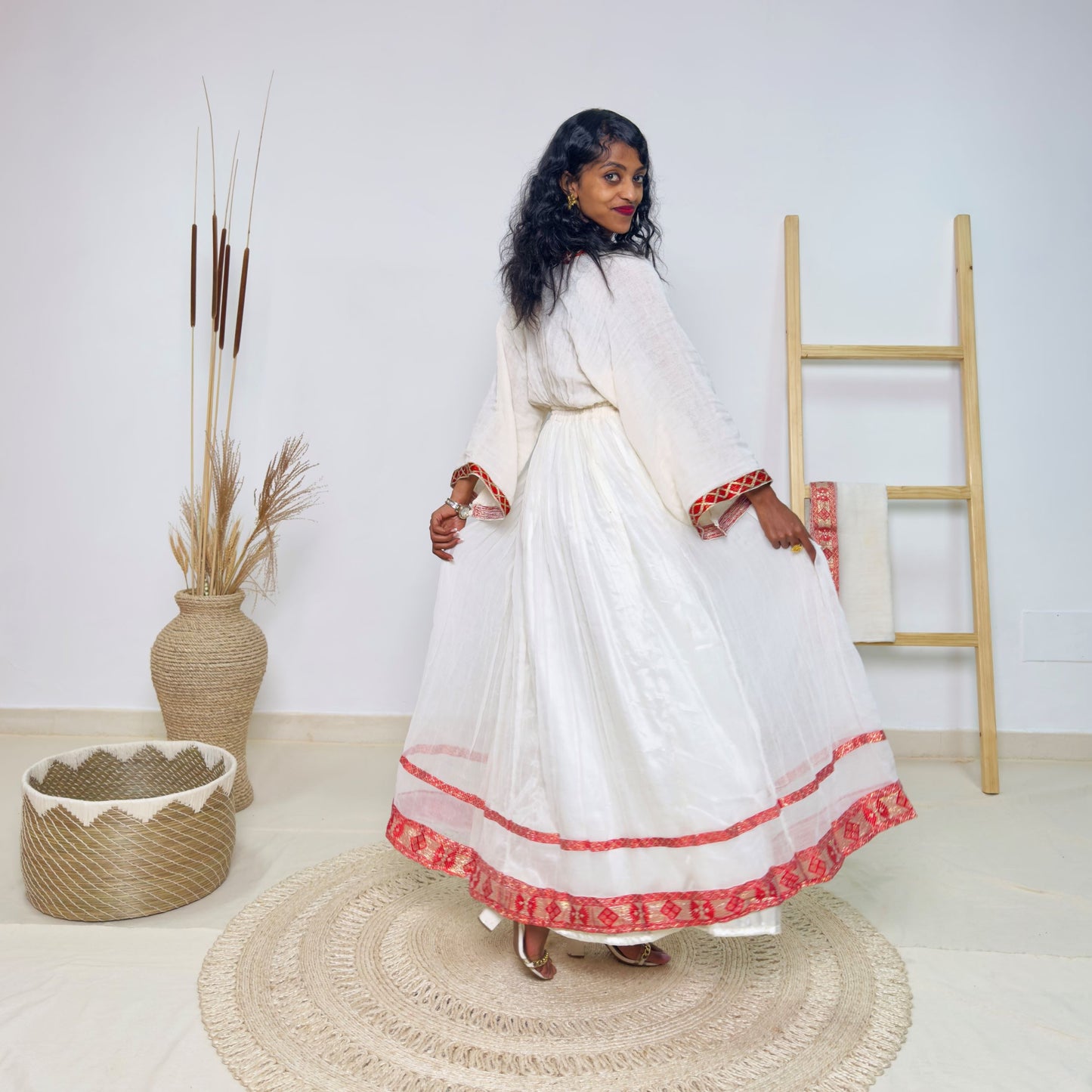 Traditional Ethiopian Habesha Dress | Handwoven Cotton | Red Tilet Embroidery | Flared Fit with Netela Hab236