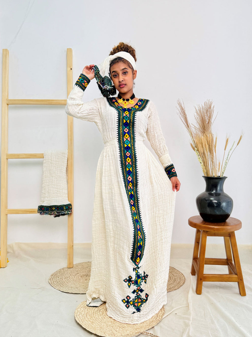 Ethiopian Habesha Kemis | Handwoven Cotton | Diamond Tibeb Embroidery | Traditional White Dress for Cultural Celebrations & Weddings Hab169