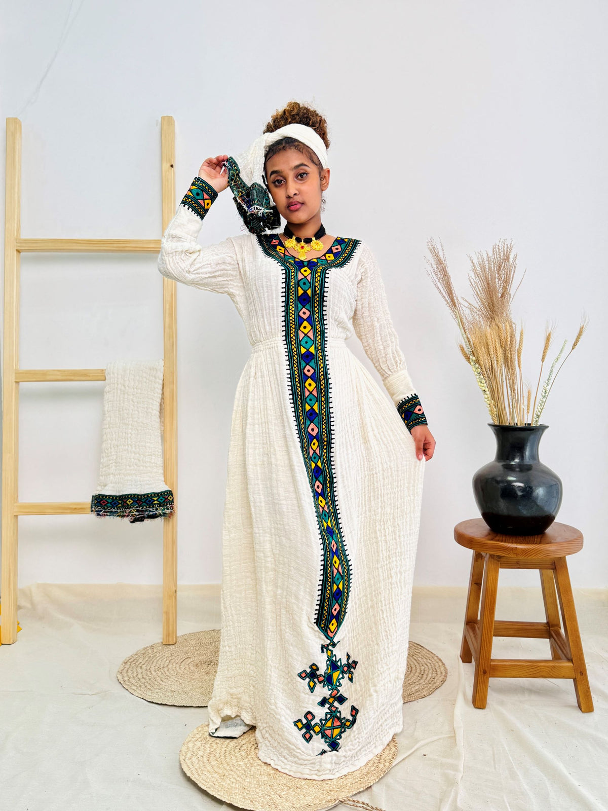 Ethiopian Habesha Kemis | Handwoven Cotton | Diamond Tibeb Embroidery | Traditional White Dress for Cultural Celebrations & Weddings Hab169