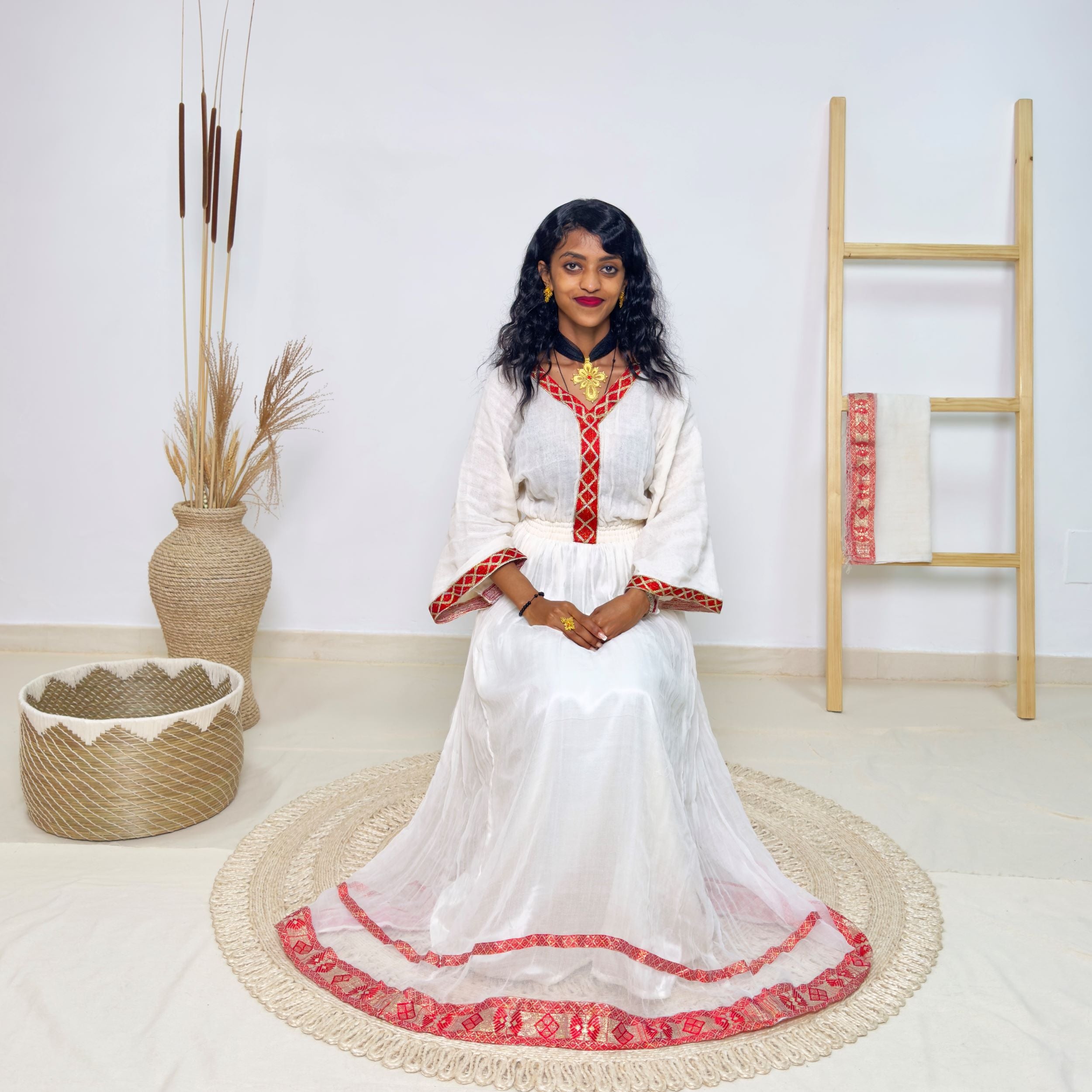 Traditional Ethiopian Habesha Dress | Handwoven Cotton | Red Tilet Embroidery | Flared Fit with Netela Hab236