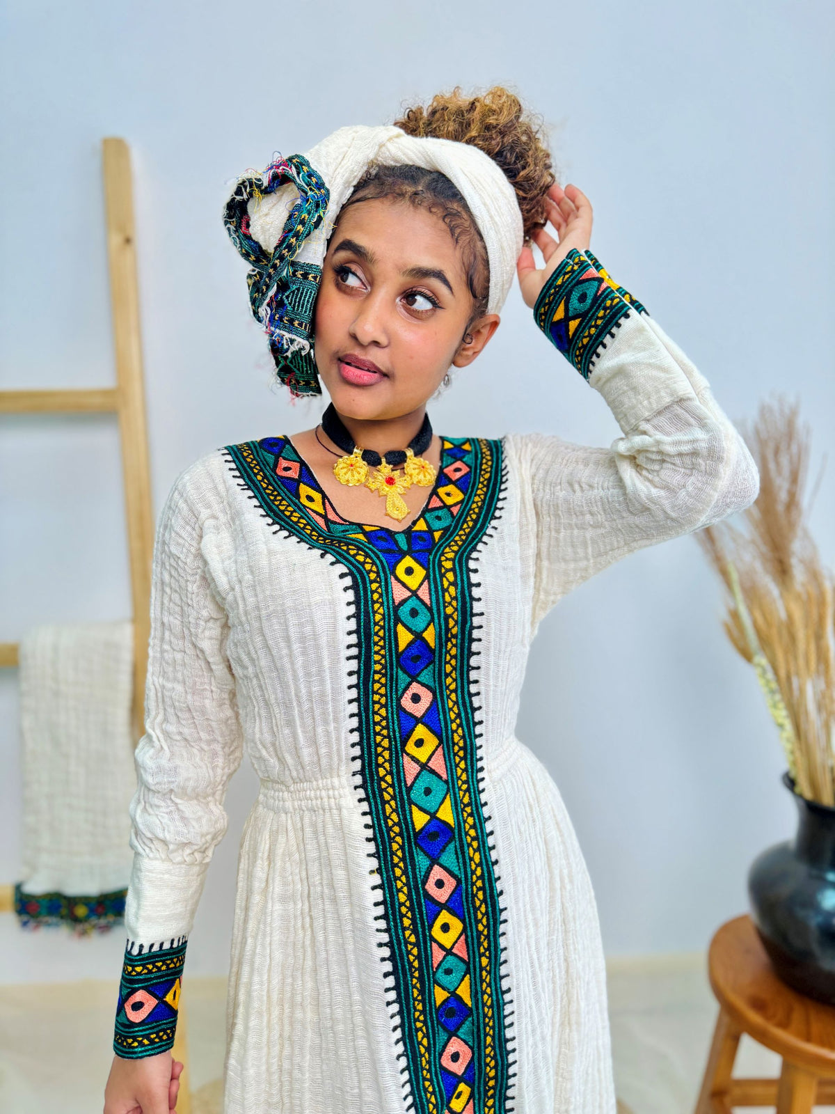 Ethiopian Habesha Kemis | Handwoven Cotton | Diamond Tibeb Embroidery | Traditional White Dress for Cultural Celebrations & Weddings Hab169