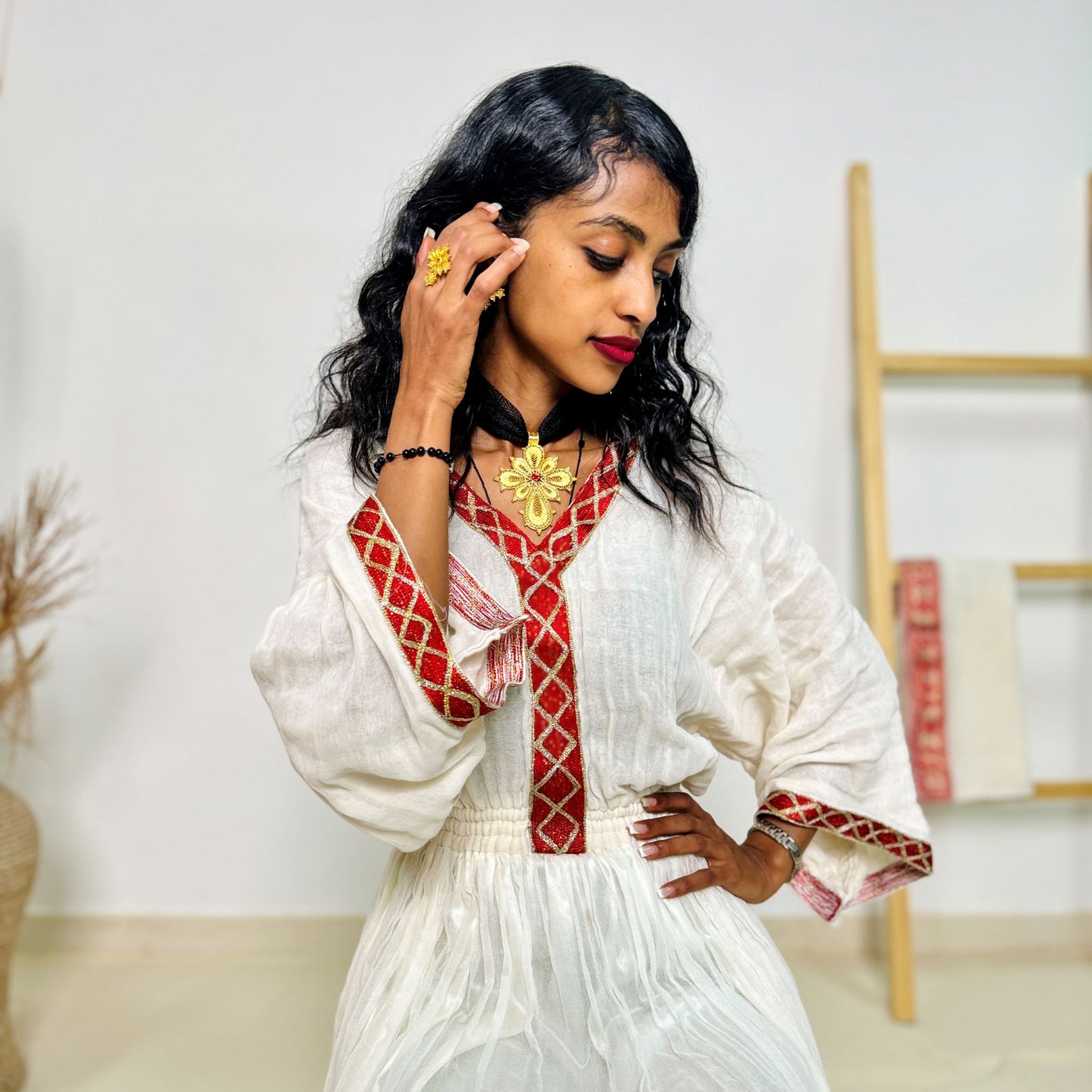 Traditional Ethiopian Habesha Dress | Handwoven Cotton | Red Tilet Embroidery | Flared Fit with Netela Hab236