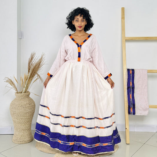 Orange and Blue Ethiopian Dress Everyday Style Habesha Kemis Hab15