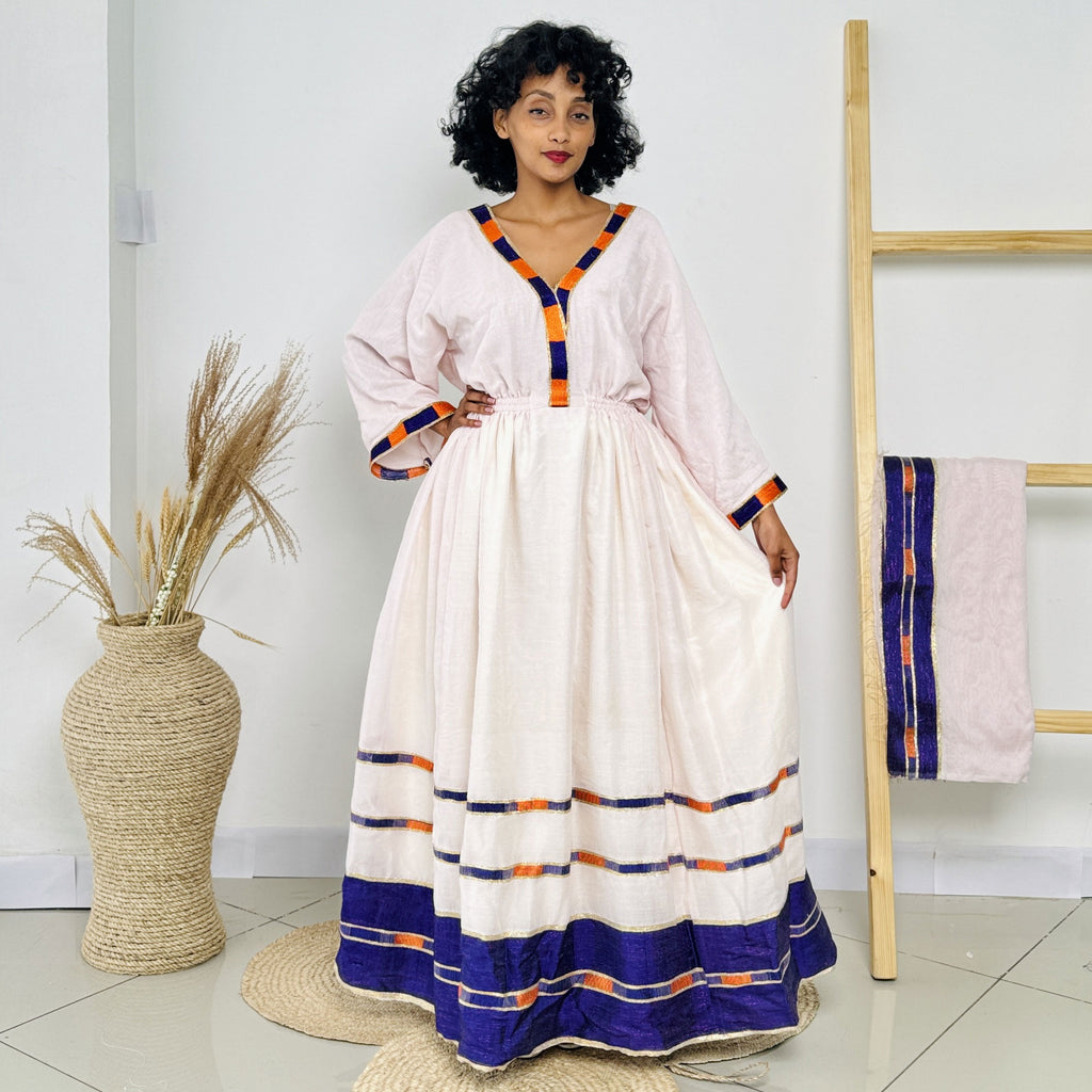 Orange and Blue Ethiopian Dress Everyday Style Habesha Kemis Hab15