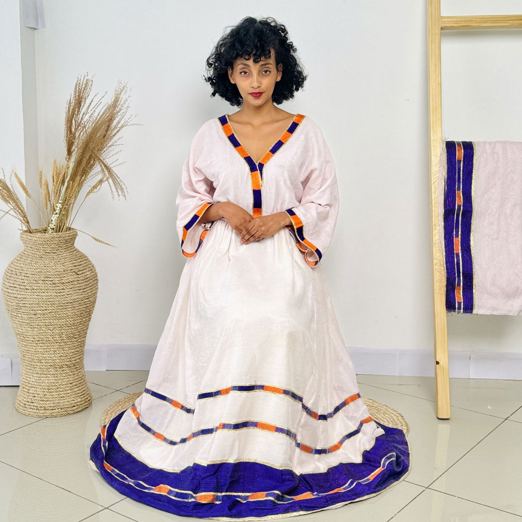Orange and Blue Ethiopian Dress Everyday Style Habesha Kemis Hab15