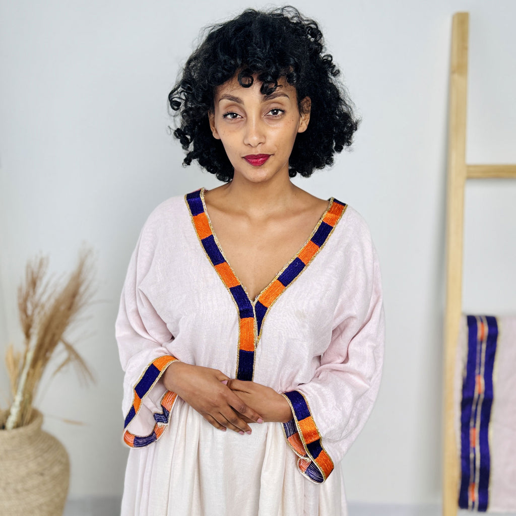 Orange and Blue Ethiopian Dress Everyday Style Habesha Kemis Hab15